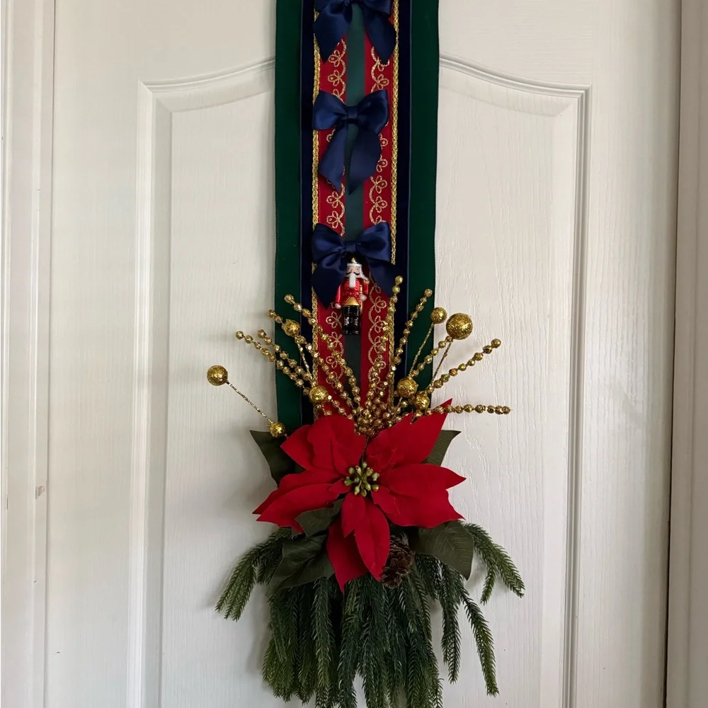 Festive over the door sided double hang holiday door decor wreath military style